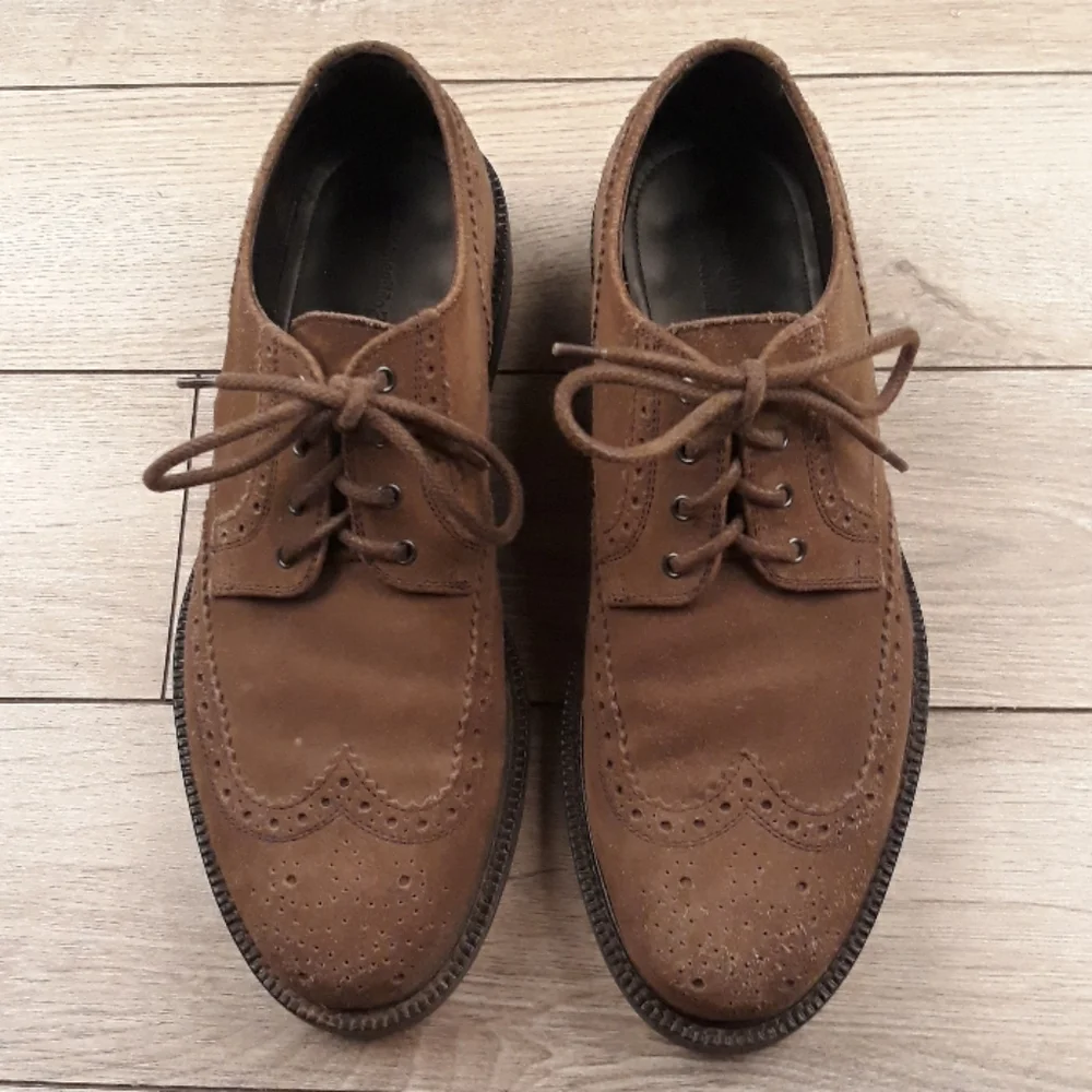 ERMENEGILDO ZEGNA Tan Brown Suede Leather Sz 7.5 Wingtip Mens Dress Shoes RECENT